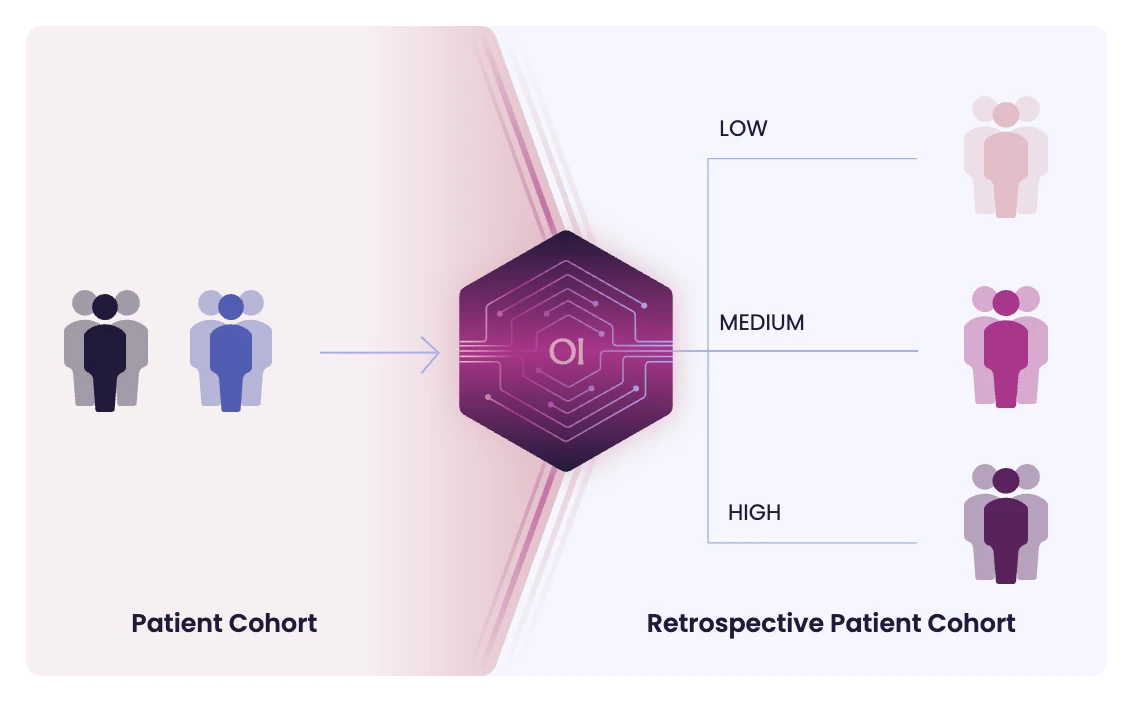A patient cohort passes through the OI model and is stratified into low, medium and high risk groups of a retrospective patient cohort.